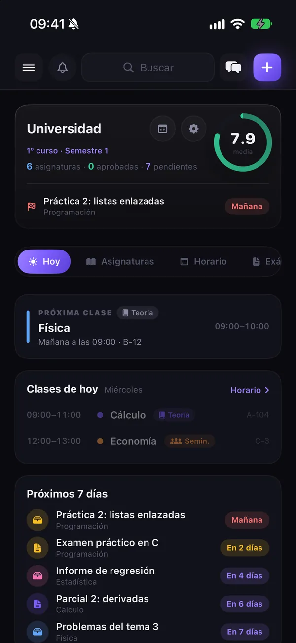 Pantalla de estudios de LifeOS